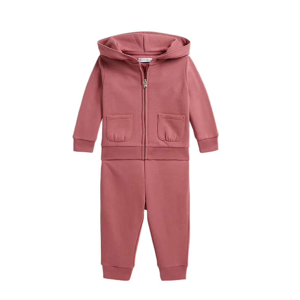 A dusty rose pink children's zip-up hooded sweatshirt and matching pants set.