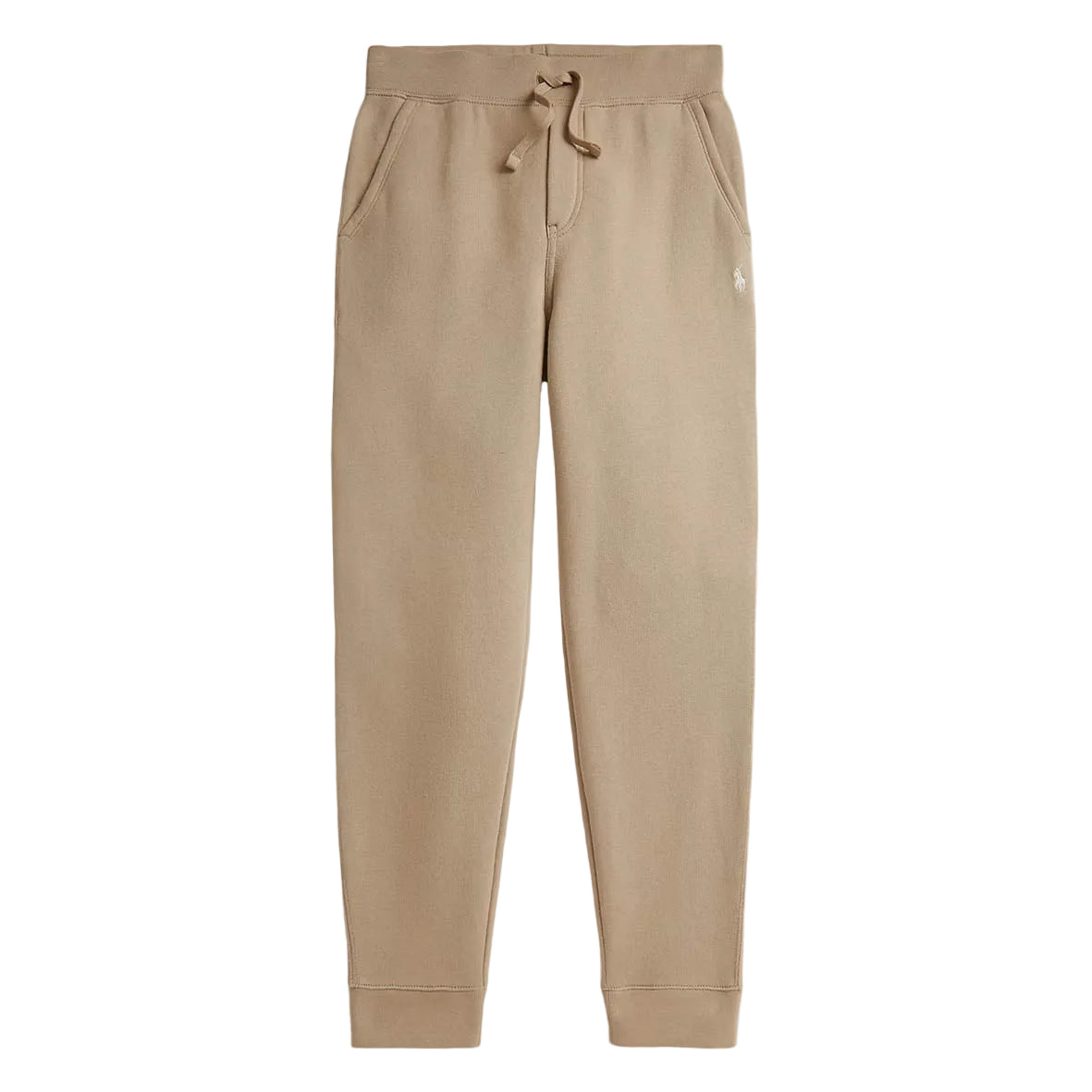 A pair of beige fleece jogger pants with a drawstring waistband, side pockets, and ribbed cuffs.