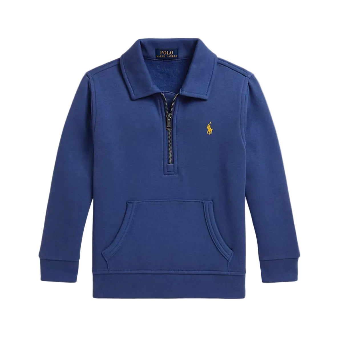 A blue long-sleeve quarter-zip sweatshirt with a small yellow embroidered Polo pony logo on the left chest.