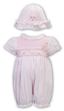 Sarah Louise, All in ones, Sarah Louise - Hand smocked, Pink short leg all in one with matching hat
