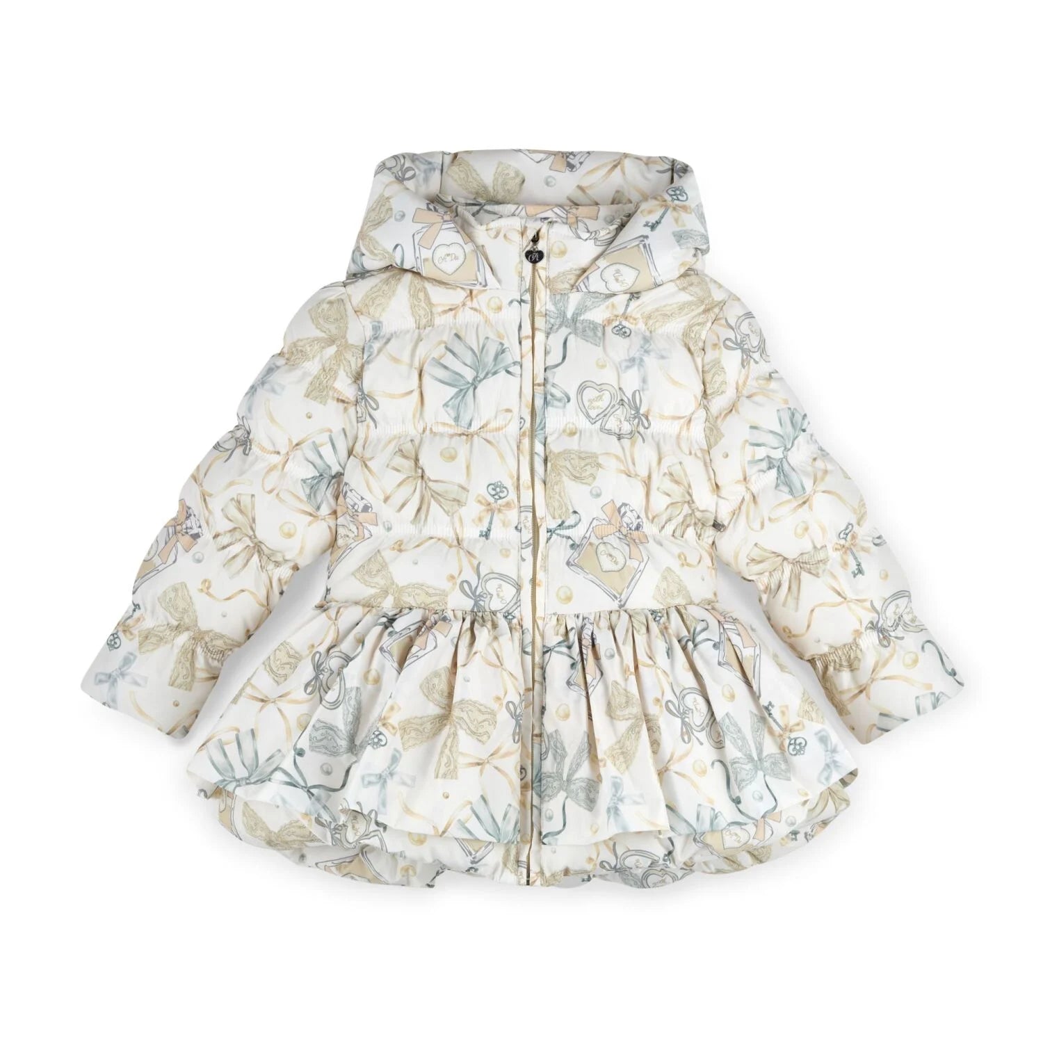 A hooded puffer jacket with a gathered peplum-style hem, featuring a light cream background with a delicate botanical and animal print in muted sage green, beige, and soft blue-gray tones.
