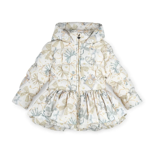 A hooded puffer jacket with a gathered peplum-style hem, featuring a light cream background with a delicate botanical and animal print in muted sage green, beige, and soft blue-gray tones.