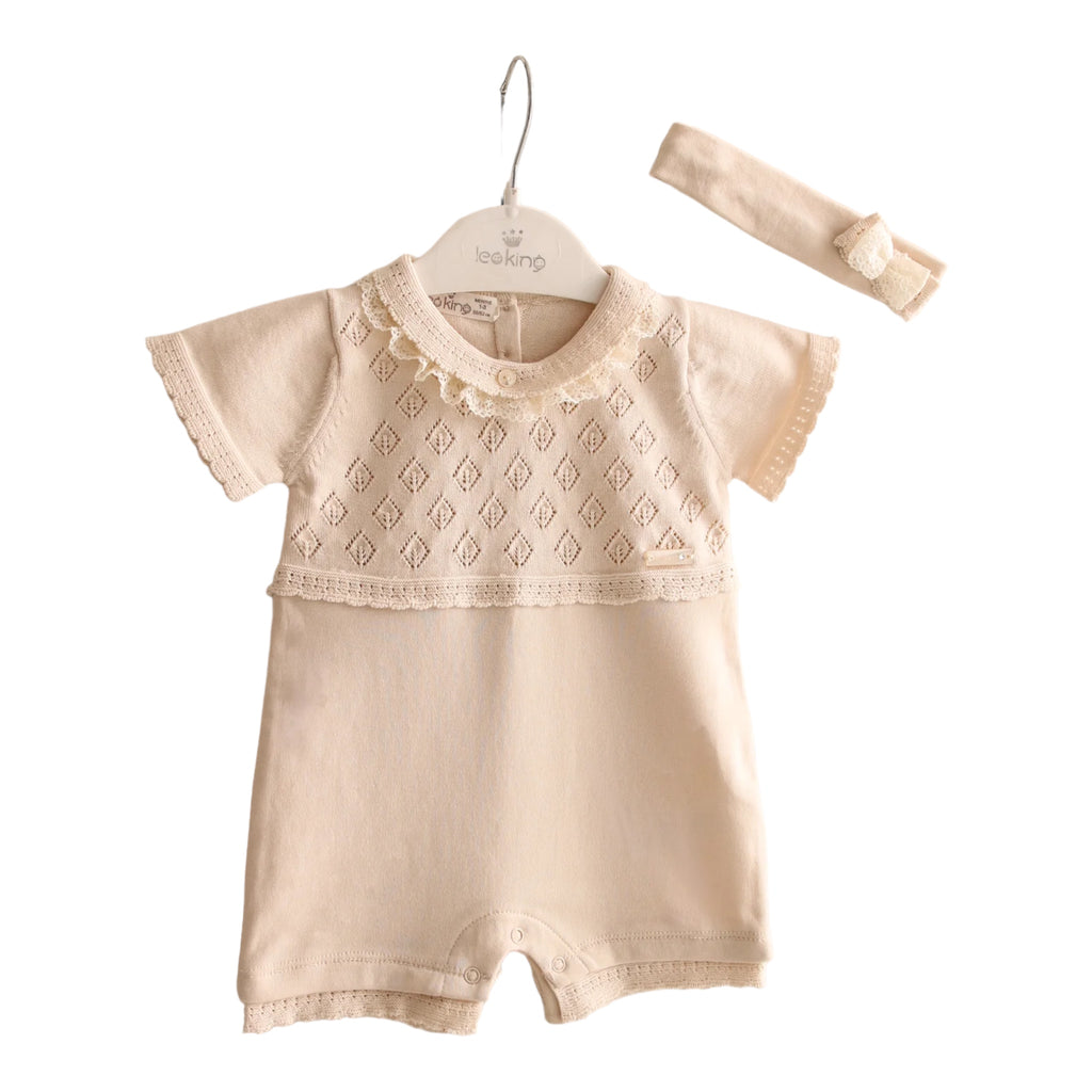 leo king, All in ones, leo king - Beige knit all in one, short legs, with matching headband