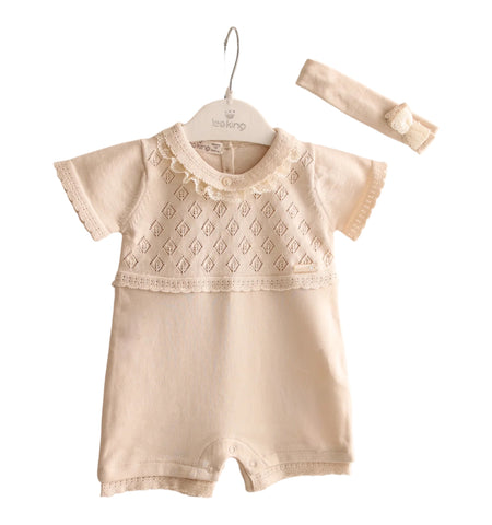 leo king, All in ones, leo king - Beige knit all in one, short legs, with matching headband