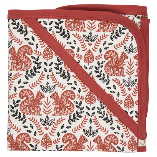 Pigeon Organics - Brown and cream, hooded blanket, all over red squirrel print