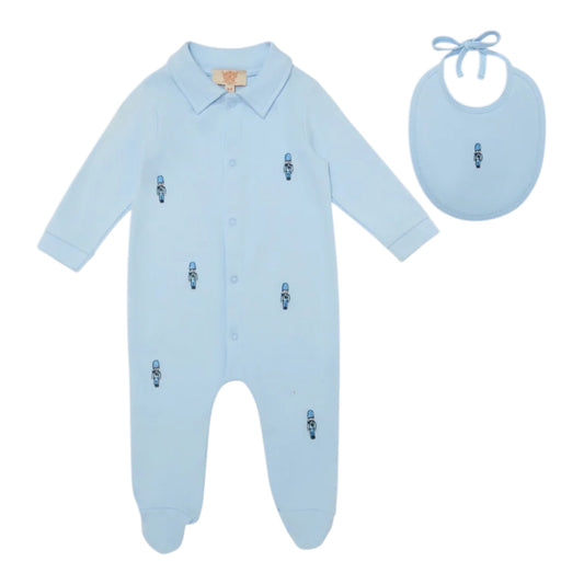Caramelo Kids - Blue all in one and bib, soldier design
