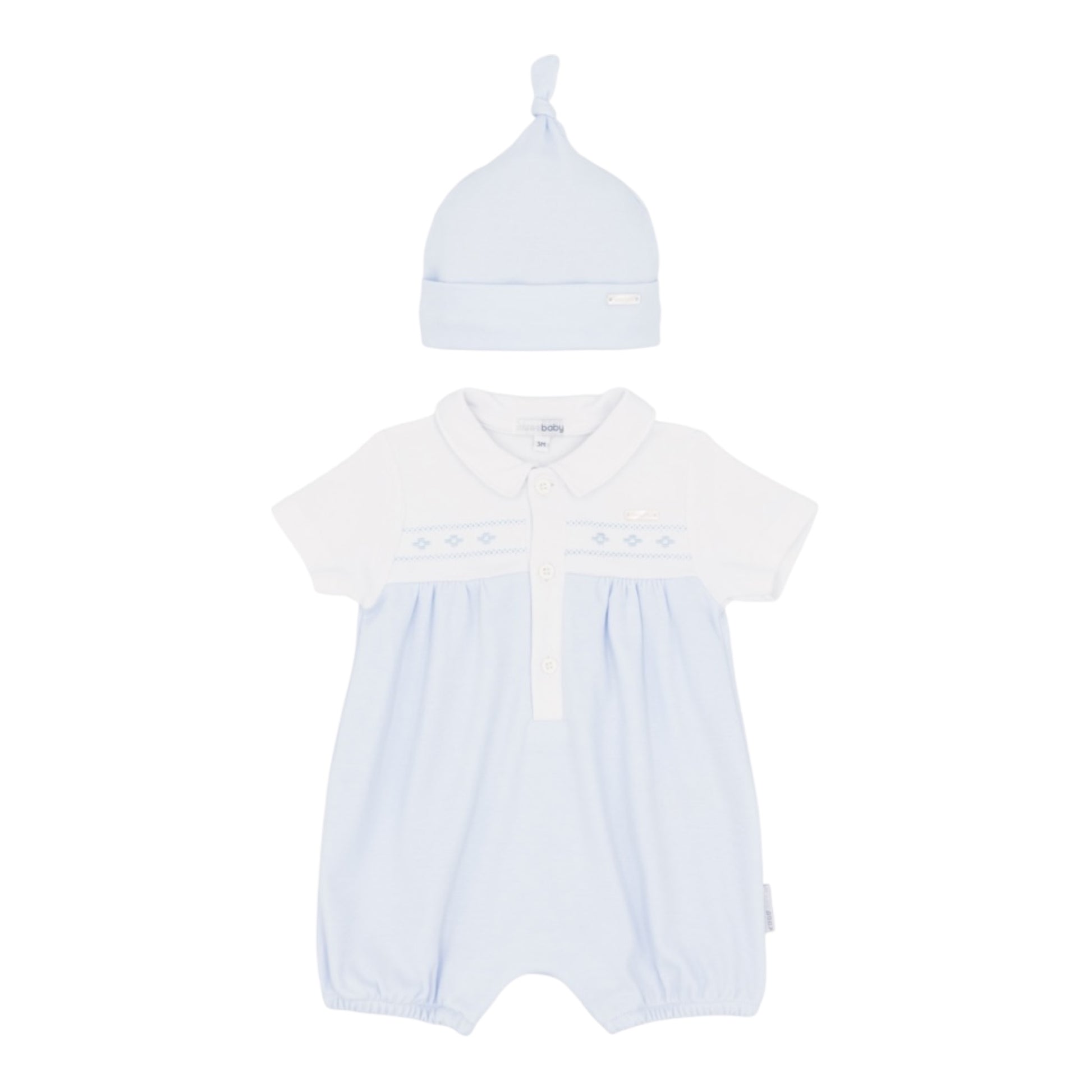 Ref; BB2274

Dress your little one in timeless style with this charming two-piece set from blues baby. The soft blue romper features a crisp white bodice and delicate collar, adorned with delicate blue embroidery for added elegance. Practical elastic cuffs and popper fastenings ensure a secure fit, while the matching light blue hat with a playful top knot completes the look. Crafted from 100% cotton for comfort and breathability, this outfit is machine washable for easy care.