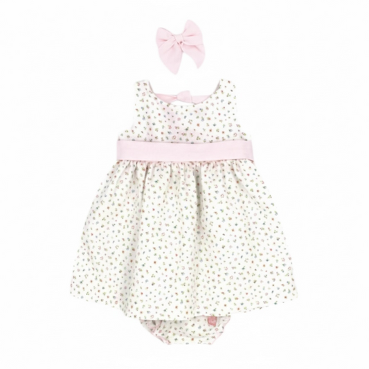 Rapife - Dress and pants, white ditsy, with pink hairclip