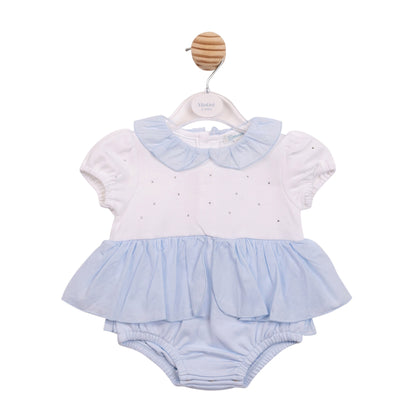 Mintini - Light blue and white romper with mock dress overlay