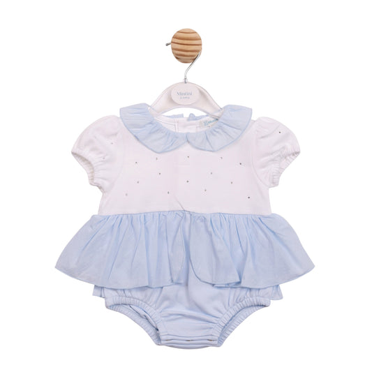 Mintini - Light blue and white romper with mock dress overlay