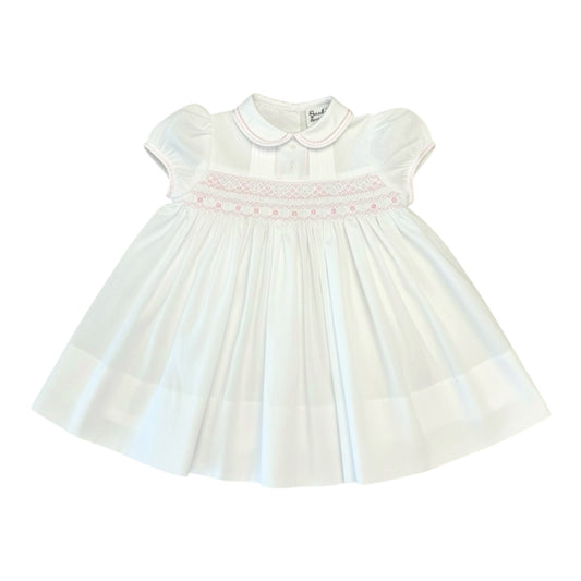 Sarah Louise - Traditional hand smocked white dress with pink