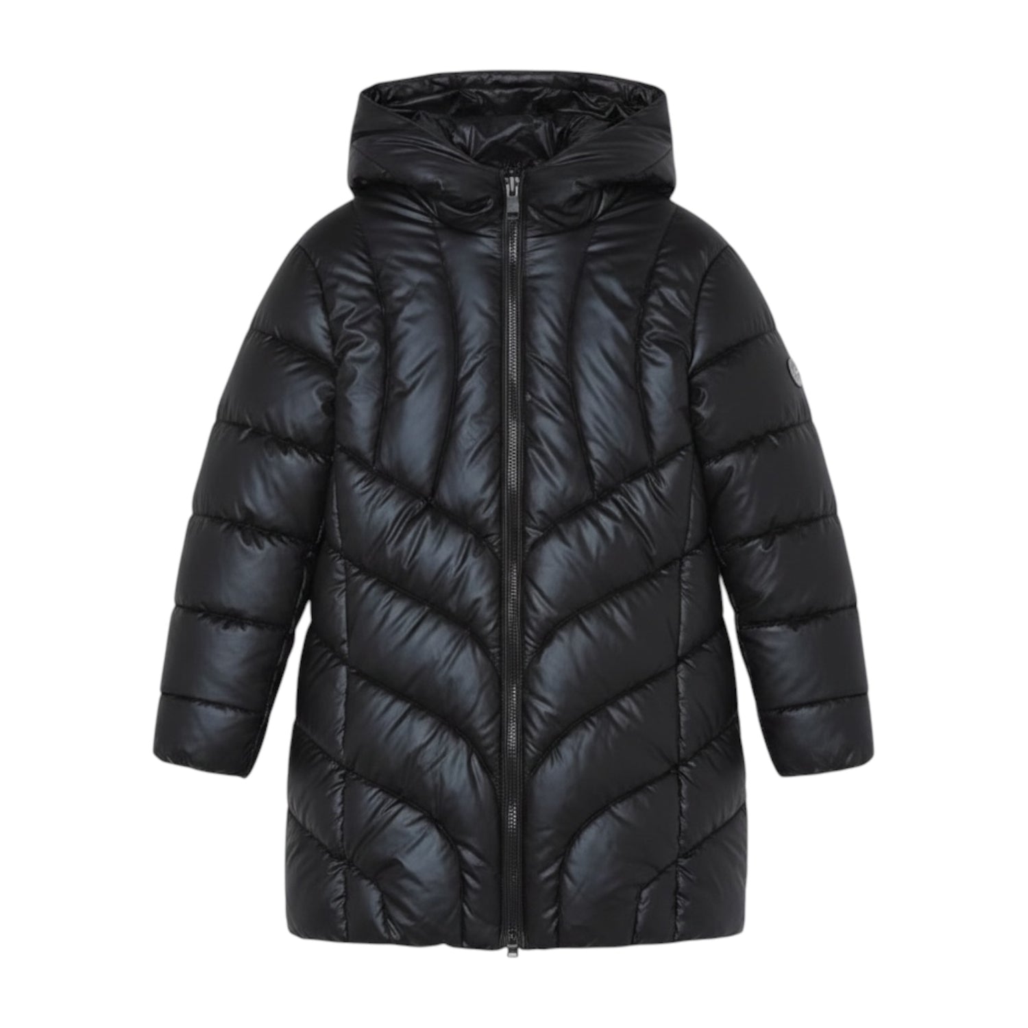 A black hooded puffer jacket with a full front zipper, shown on a plain white background.
