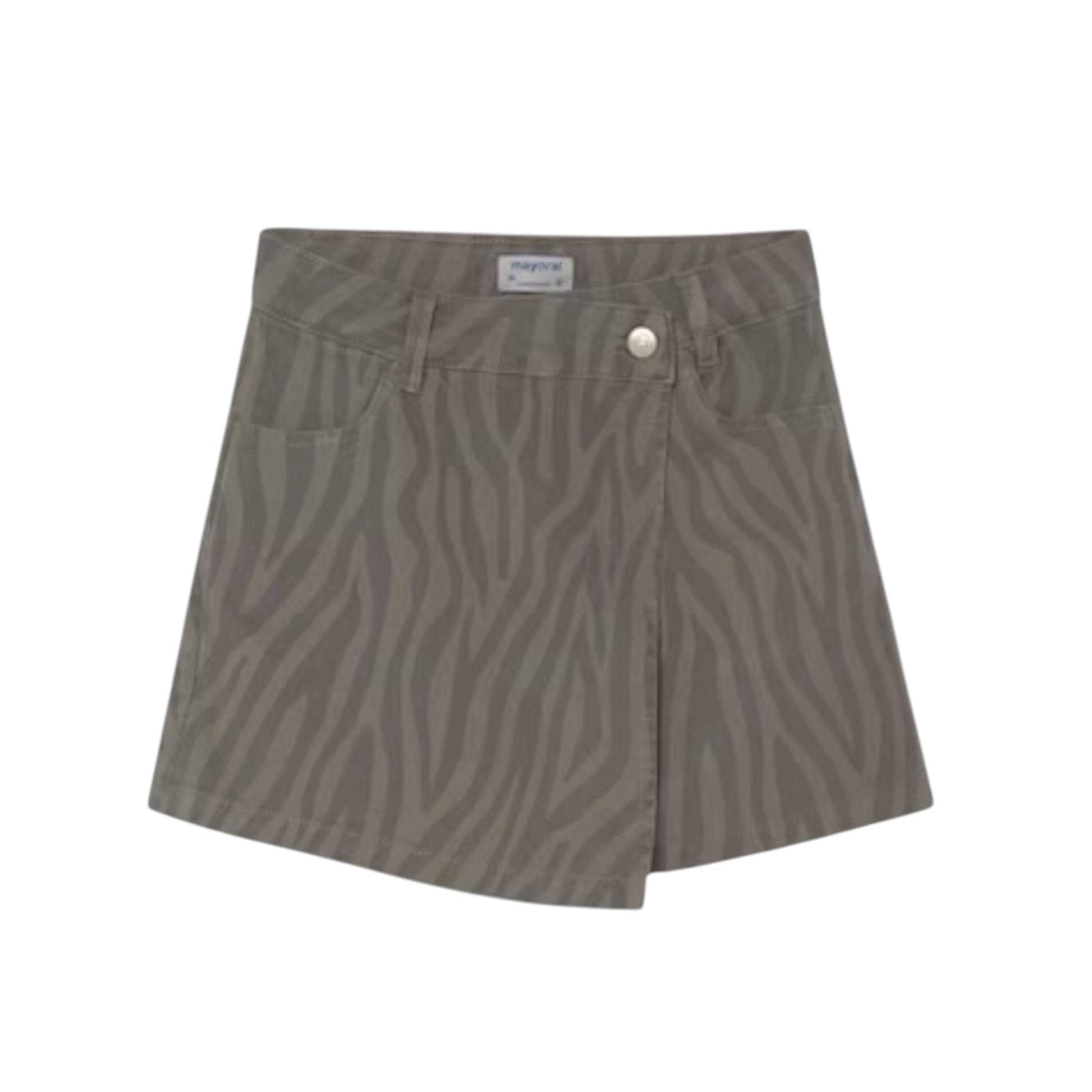 A zebra-print mini skirt in a muted taupe-gray color, featuring a button closure and front pockets, shown against a plain white background.
