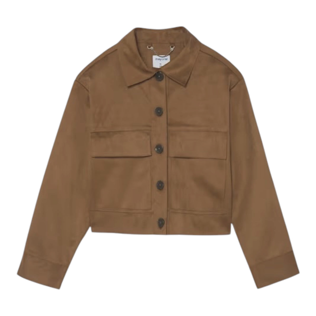 A cropped brown utility jacket with a pointed collar, dark buttons, and two large front flap pockets, shown flat on a white background.
