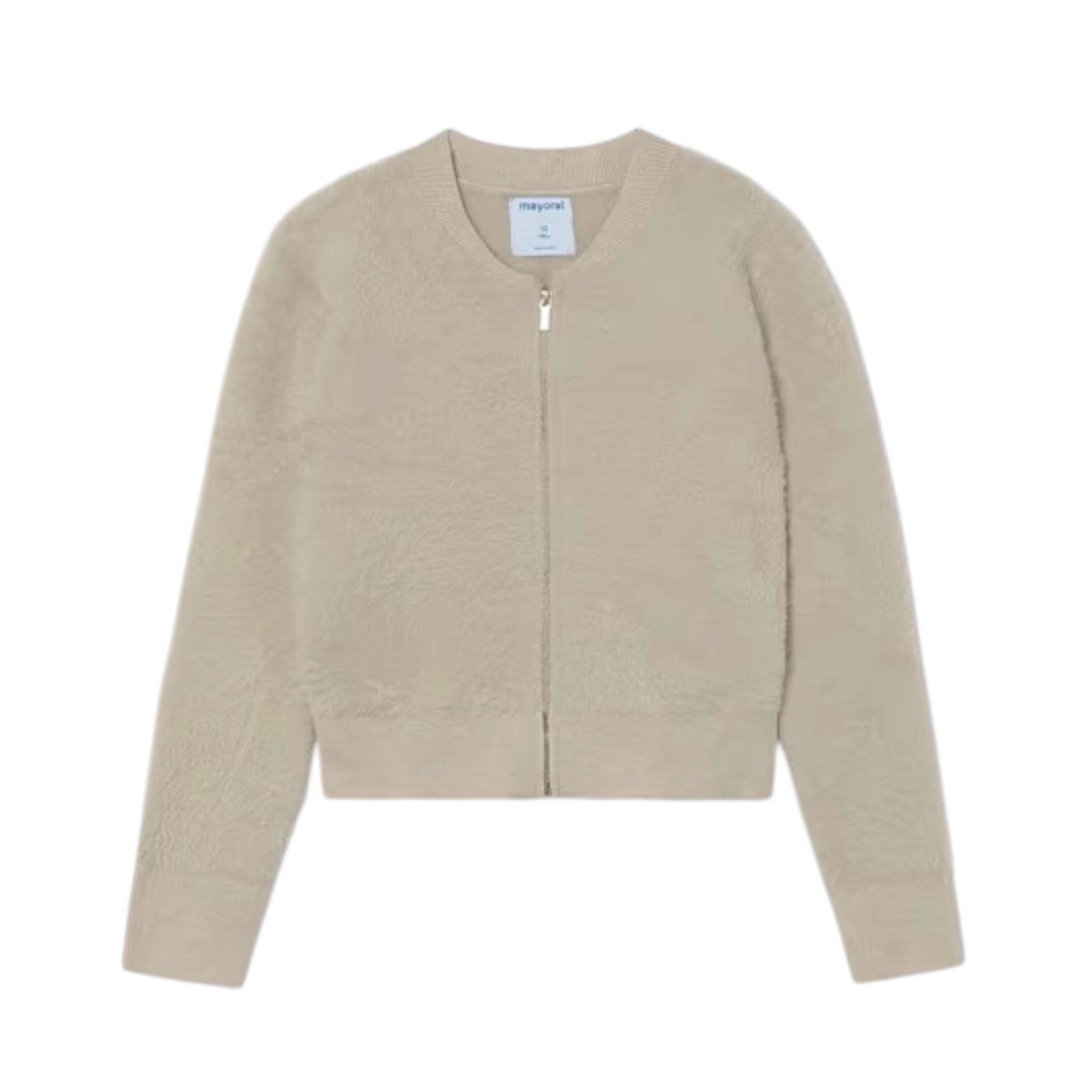 A beige cropped zip-up jacket with a fuzzy, sherpa-like texture, long sleeves, and a ribbed collar, cuffs, and hem, shown flat on a white background.