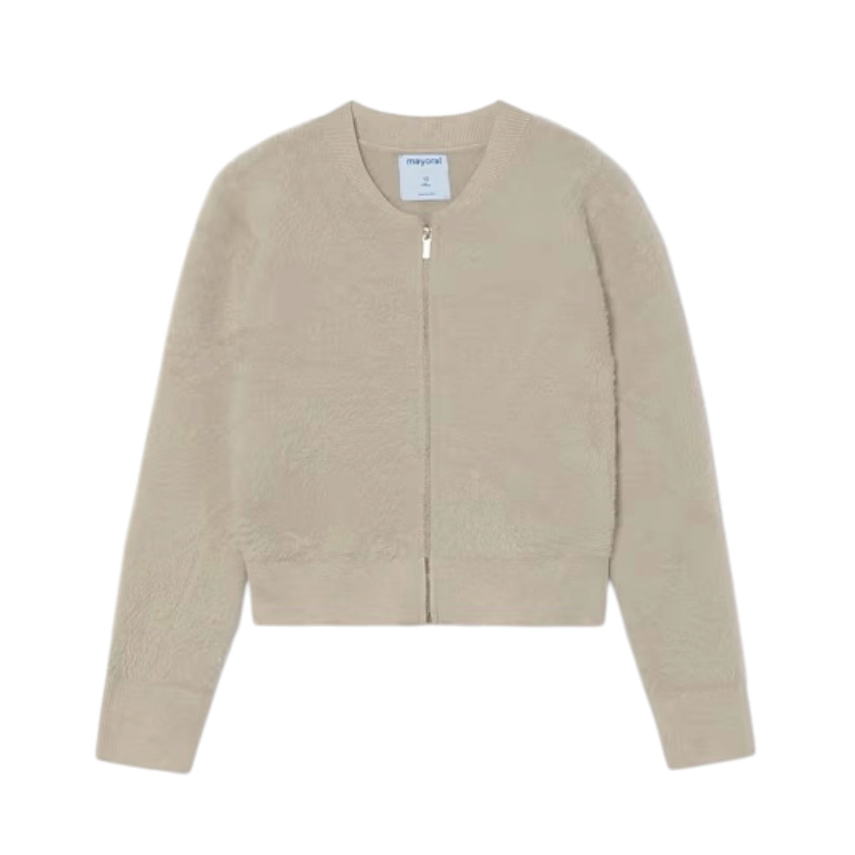 A beige cropped zip-up jacket with a fuzzy, sherpa-like texture, long sleeves, and a ribbed collar, cuffs, and hem, shown flat on a white background.