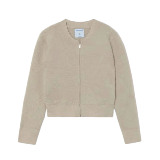 A beige cropped zip-up jacket with a fuzzy, sherpa-like texture, long sleeves, and a ribbed collar, cuffs, and hem, shown flat on a white background.