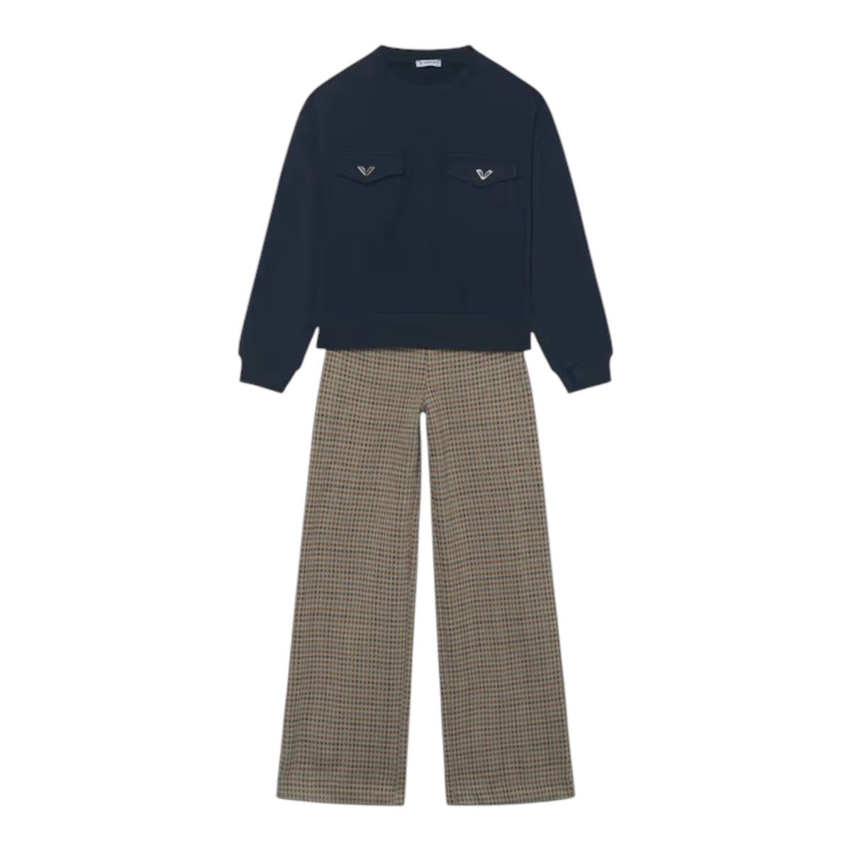 A two-piece clothing set featuring a dark navy blue long-sleeve crewneck sweatshirt with two chest pockets, and wide-leg trousers in a brown and beige houndstooth pattern, displayed on a solid white background.