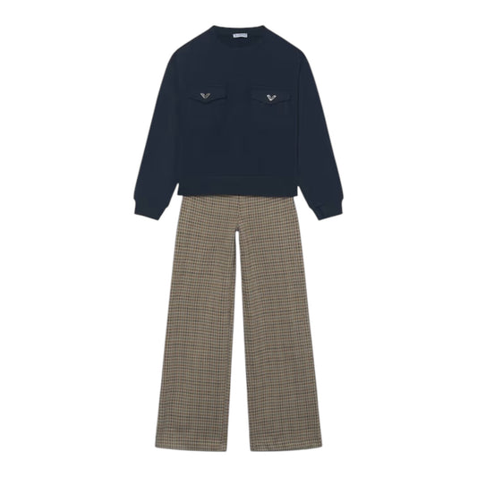 A two-piece clothing set featuring a dark navy blue long-sleeve crewneck sweatshirt with two chest pockets, and wide-leg trousers in a brown and beige houndstooth pattern, displayed on a solid white background.