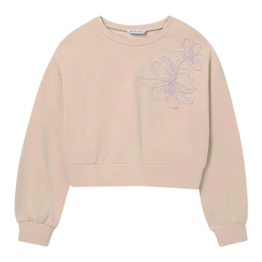 Mayoral - Cream long sleeved crop sweat top, floral design on front