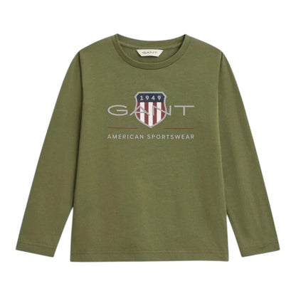 Gant - Olive green long sleeved, shield print LS top,  2-8yrs