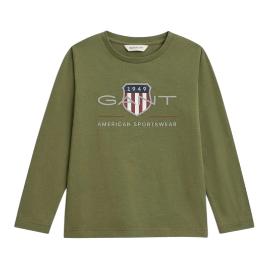 Gant - Olive green long sleeved, shield print LS top,  2-8yrs
