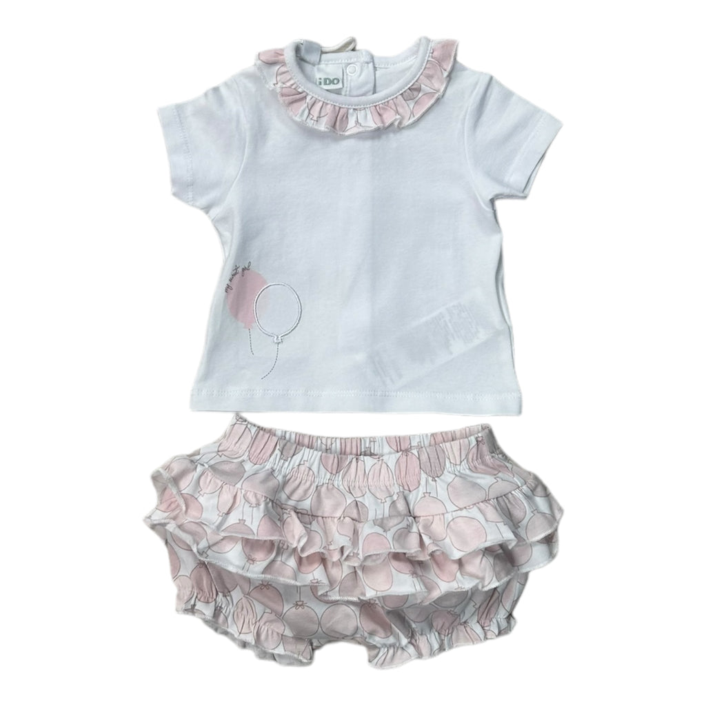 iDO, 2 piece outfits, iDO - White and pink 2 piece outfit, top and pants, balloon print