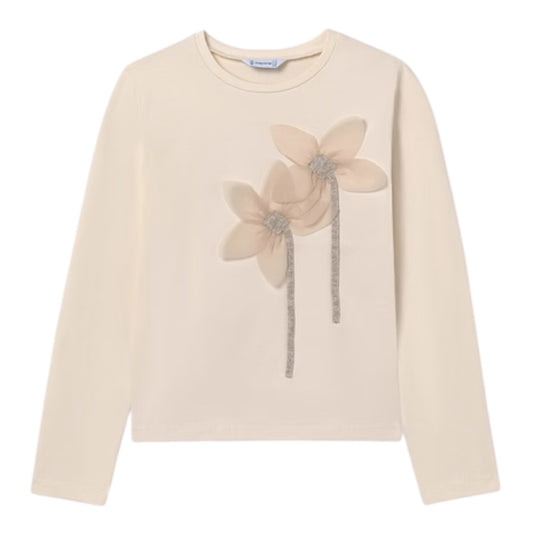 Mayoral - Cream long sleeved top, appliqué flowers on front