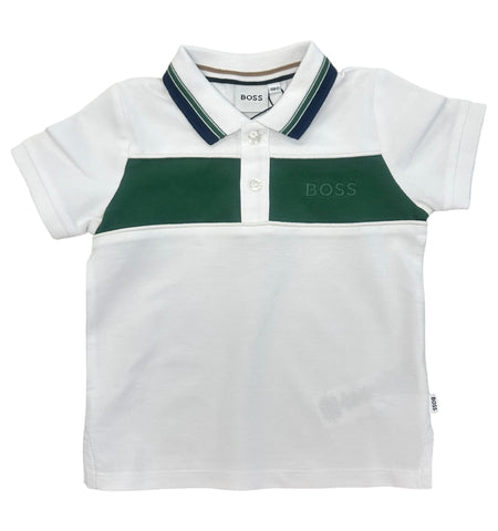 Boss, T-shirts, Boss - White polo T-shirt with green and navy trim, 18m - 3yrs