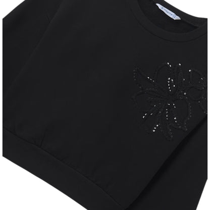 Mayoral - Black long sleeved crop sweat top, floral design on front