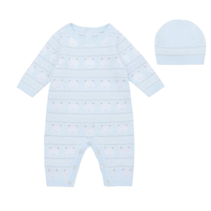 Emile et Rose - Light blue knitted, bear patterned, all in one with hat, Harry