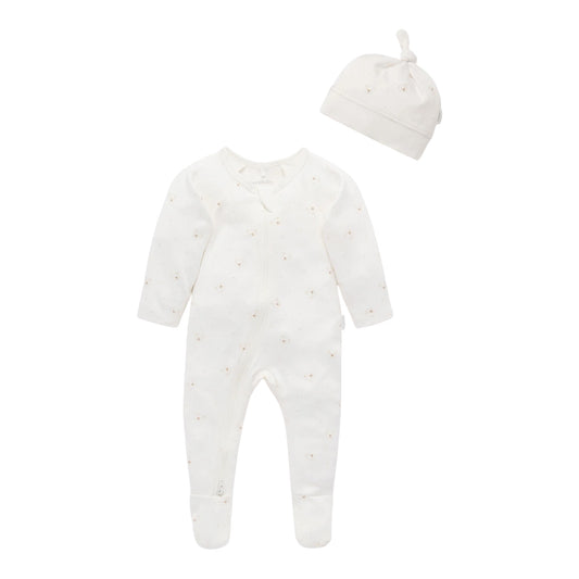 purebaby - 2 piece outfit, zip all in one and matching pull on hat, bear print