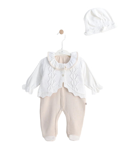 Betty Mckenzie, rompers, leo king - 3 piece outfit, romper cardigan and bonnet