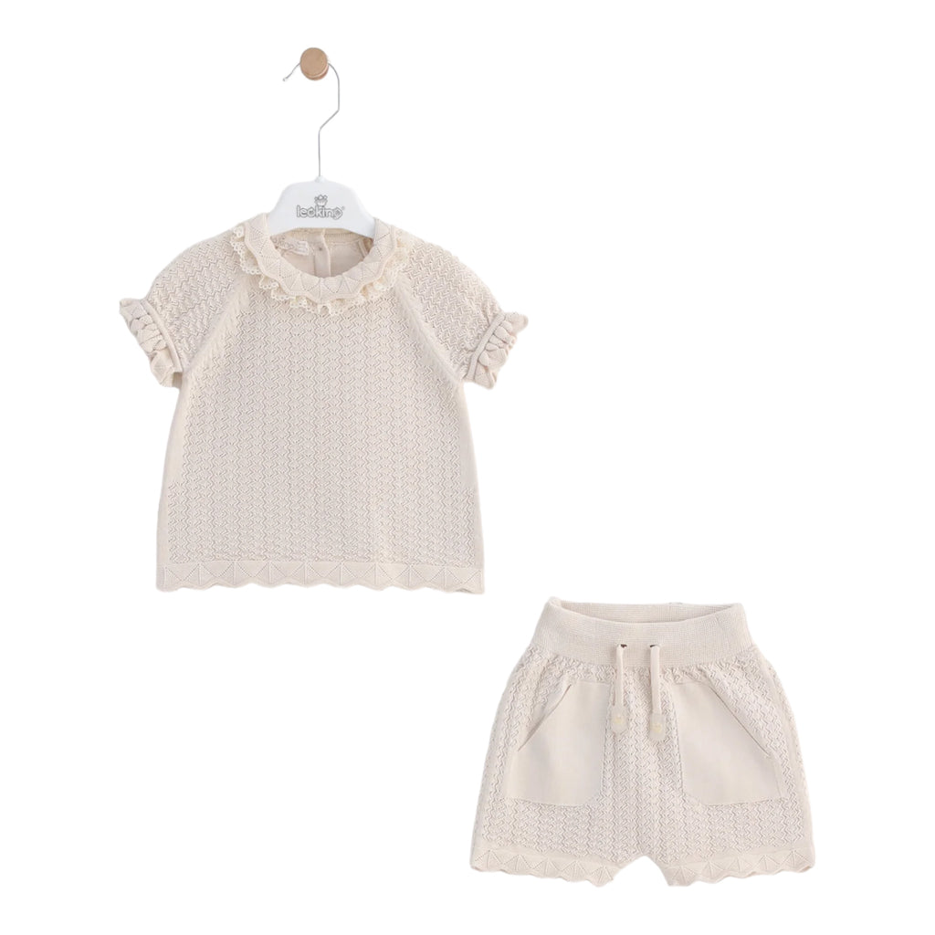 leo king, 2 piece shorts outfits, leo king - Baby girls Beige 2 piece shorts and top set
