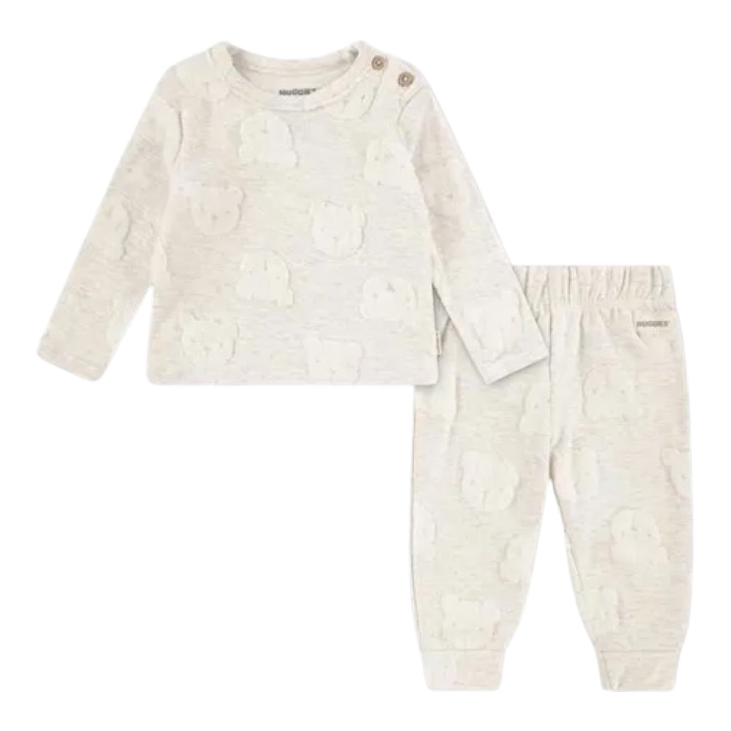 Baby outfit with long-sleeve top and pants on a cream background