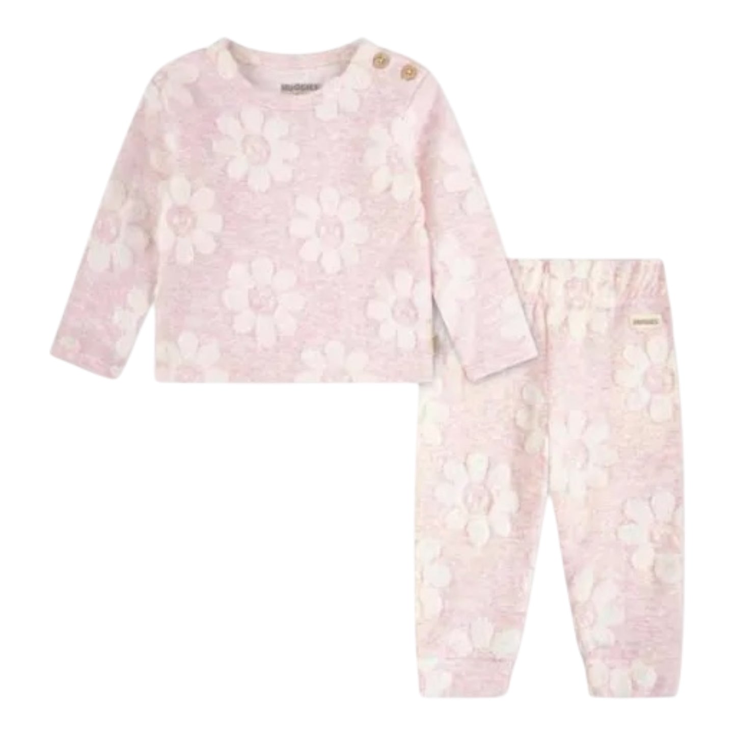 Baby outfit with pink floral pattern on a white background