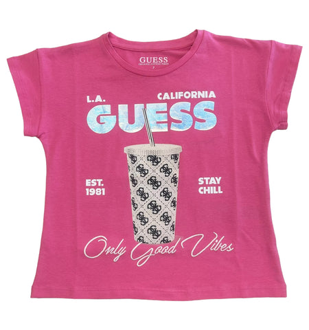 Guess, T-shirts, Guess - Pink T-shirt 'Only Good Vibes"