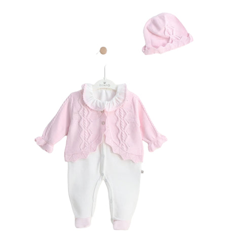 Betty Mckenzie, rompers, leo king - 3 piece outfit, romper cardigan and bonnet, pink