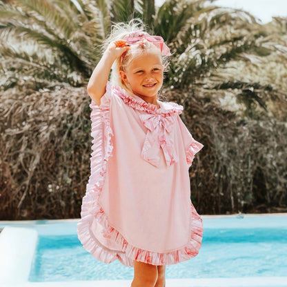 A’Dee - Hooded Pink Beach poncho, ruffle detail
