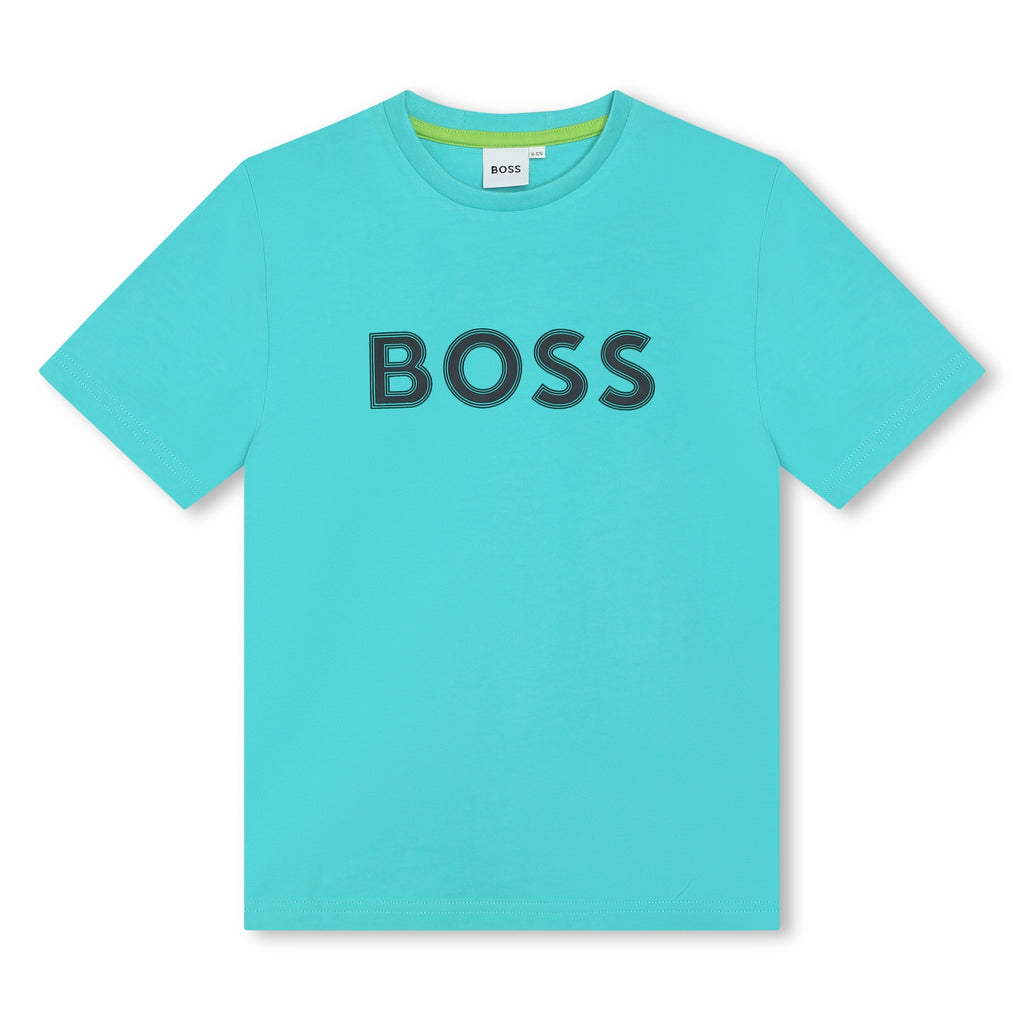 Boss, T-shirts, Boss - Crew neck, Aqua T-shirts with BOSS front print