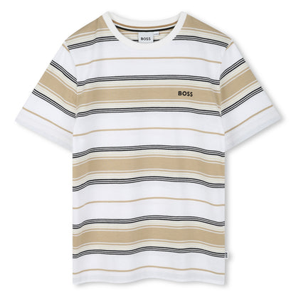 Boss, T-shirts, Boss - Short sleeved, crew neck, white and sand stripe T-shirt,