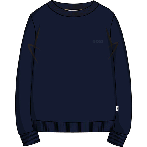 Navy blue sweatshirt with 'BOSS' logo on a white background