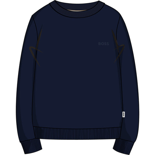 Navy blue sweatshirt with 'BOSS' logo on a white background