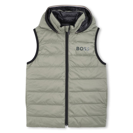 Boss - Green reversible padded gilet with hood