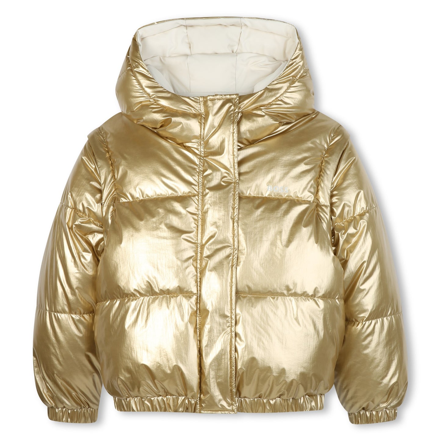 Gold puffer jacket on a white background