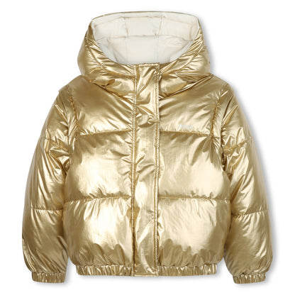Gold puffer jacket on a white background