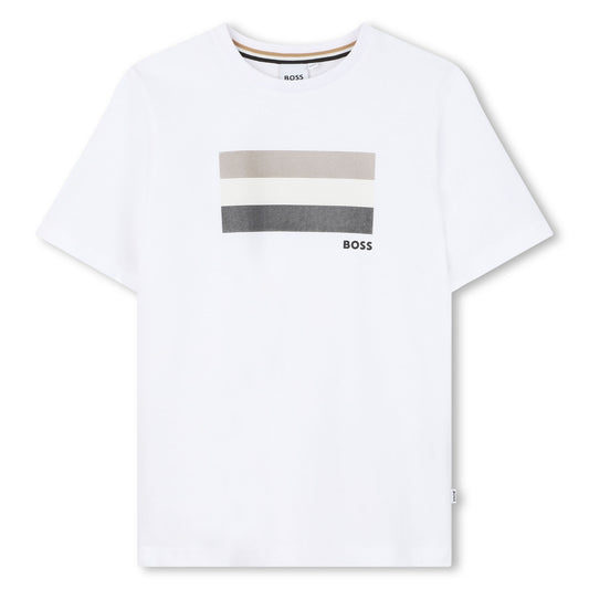 Boss - White crew neck T-shirt with signature boss front stripes