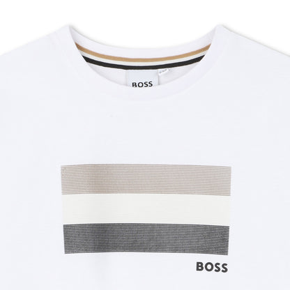 Boss - White crew neck T-shirt with signature boss front stripes