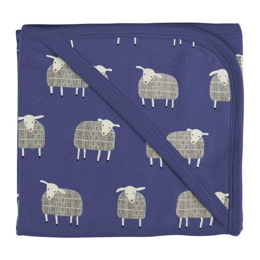 Pigeon Organics - Blue hooded blanket, all over sheep print