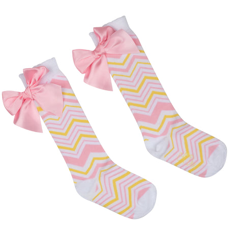 A'Dee, socks, A'Dee - Long white socks with lemon and pink chevron pattern, pink bow